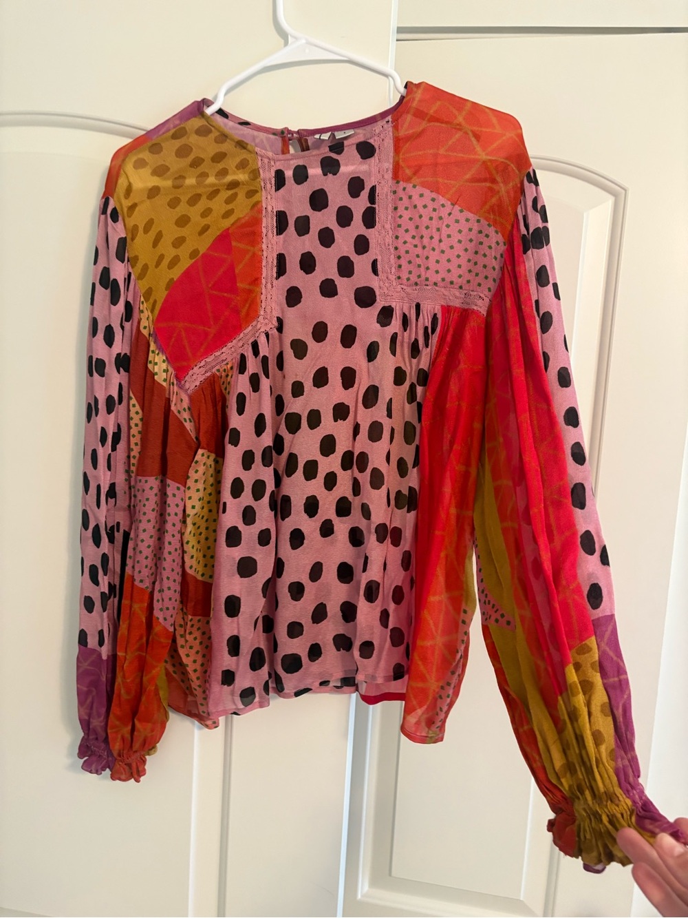 Patchwork Polka Dot Long-Sleeve Blouse in Pink and Red
